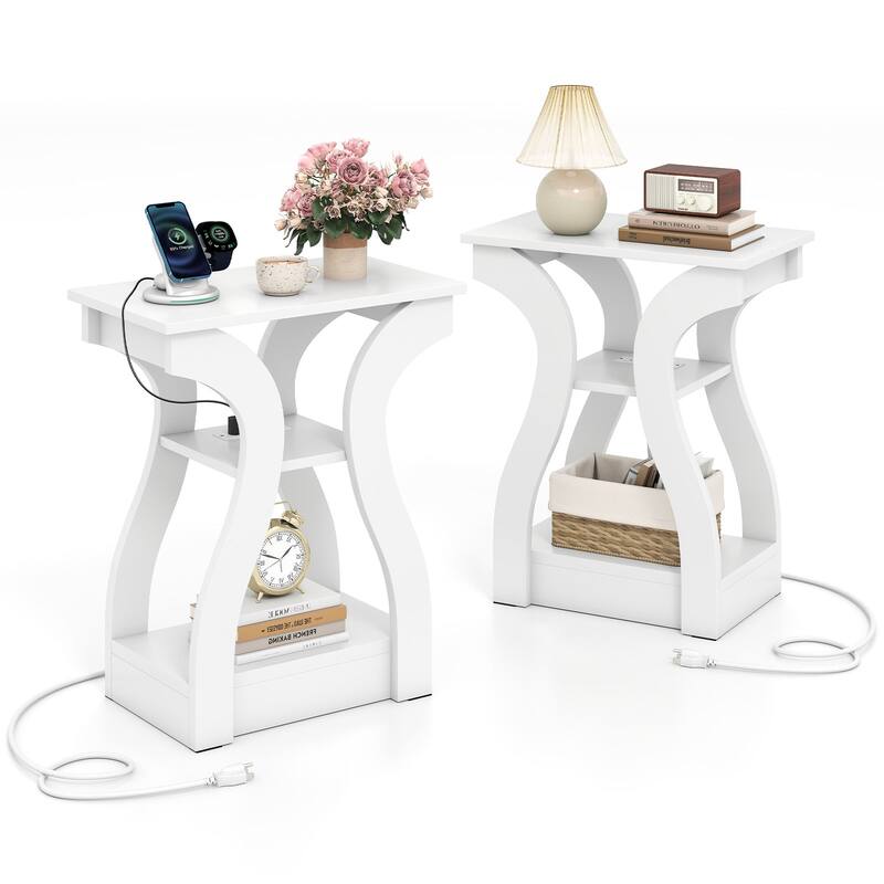 Gymax End Tables w/Charging Station Set of 2 3-Tier Side Tables w/USB - White