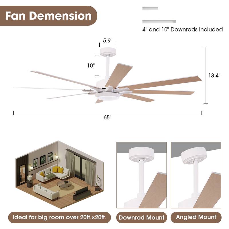 65" Integrated LED White Dimmable Ceiling Fan with Light and Remote - 65" D x 65" W x 13.4" H