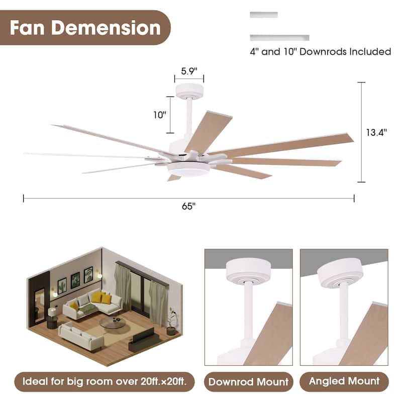 65 in. Integrated LED White Dimmable Ceiling Fan with Light and Remote - 65" D x 65" W x 13.4" H