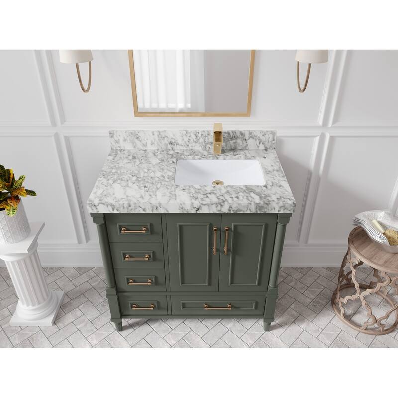 Willow Collections 36 in. W x 22 in. D Aberdeen Right Offset Sink Bathroom Vanity in Pewter Green with Countertop - 2" Carrara Marble - Pewter Green