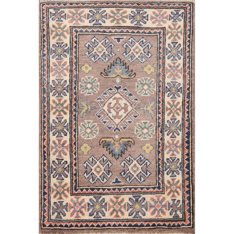 Hand Knotted Oriental 100% Wool Carpet Traditional Geometric Greys & Charcoal Kazak Area Rug - 3' 0'' X 2' 0''