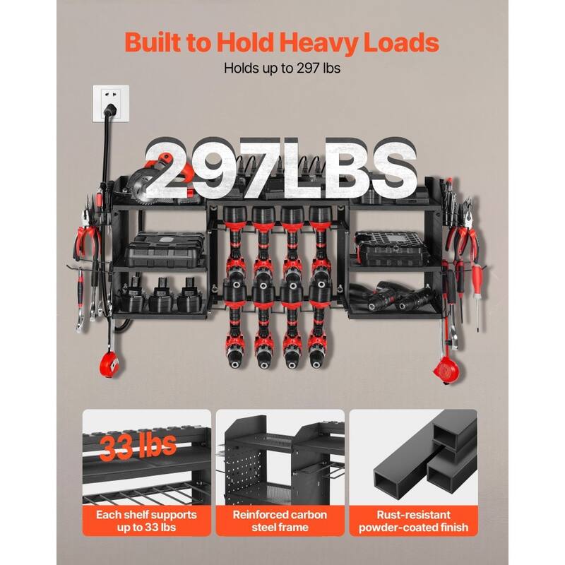 Black 3-Tier Tool Rack with 8-Outlet Strip Adjustable Shelves Pegboard for Workshop - 50.89 x 8.66 x 16.54 in