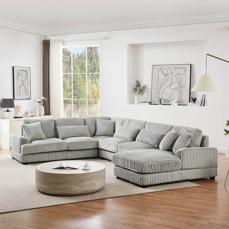 U-Shaped Sectional Sofa with Chaise Lounge, Oversized Corduroy Upholstered Sofa, 5 Seater Sofa with Removable Throw Pillows