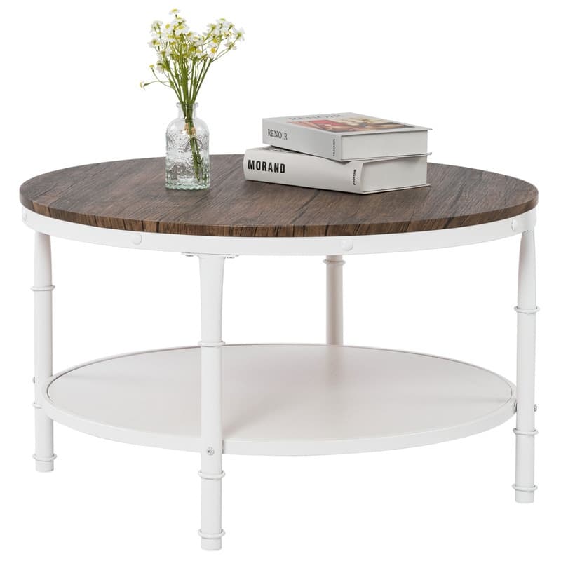 Double-layer Round Dark Walnut-colored Black-veined MDF Panel, White Wrinkled Baked Iron Frame, Industrial Style Coffee Table