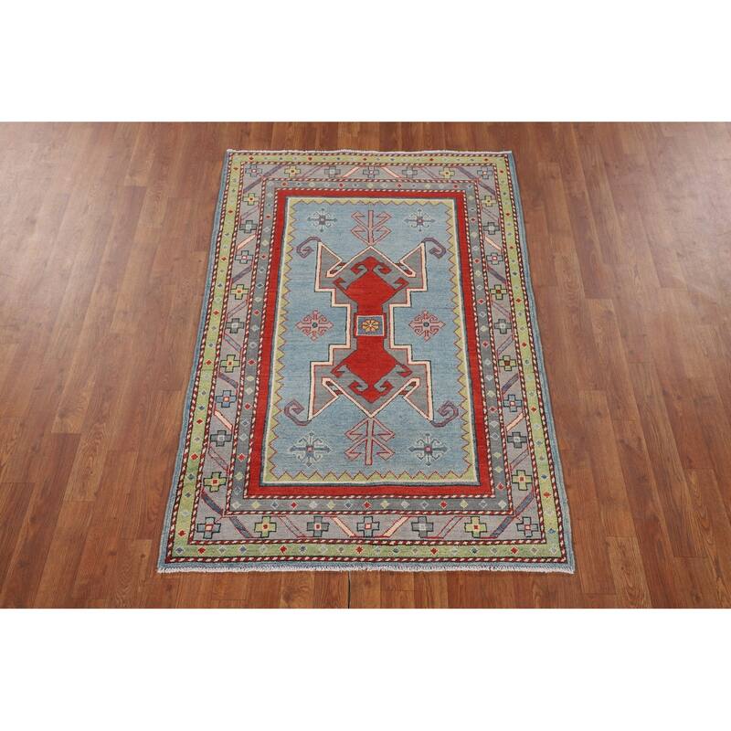 Light Blue Geometric Kazak Foyer Rug Hand-Knotted Wool Carpet - 3'6" x 5'3"
