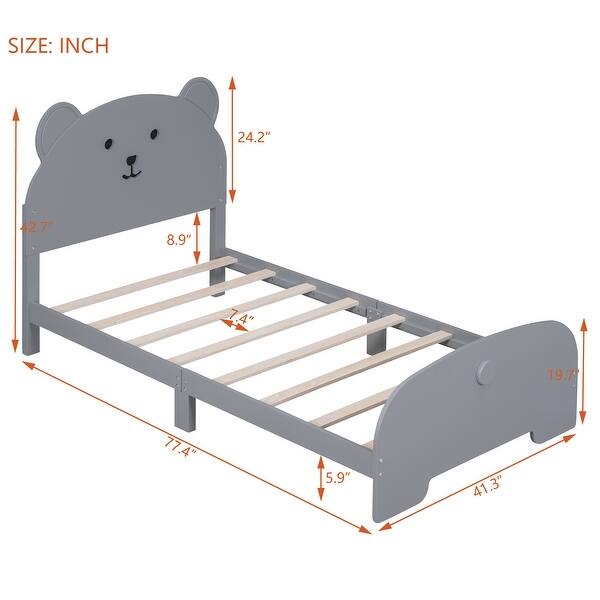 Twin Size Wood Platform Bed with Bear-Shaped Headboard, Footboard, and Wooden Support