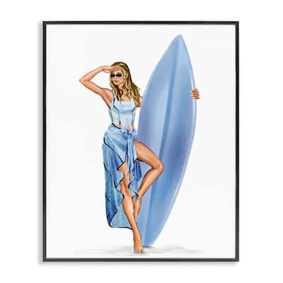 Stupell Trendy Surfer Girl in Blue Framed Giclee Art Design By Ziwei Li