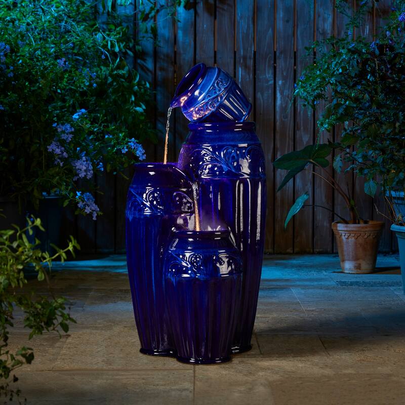 Glitzhome 27"H/35"H 4-Tier Embossed Pattern LED Ceramic Pots Fountain