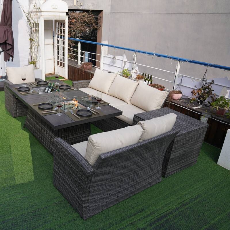 5-Piece Patio Wicker Conversation Sofa with Firepit Table and Storage Box