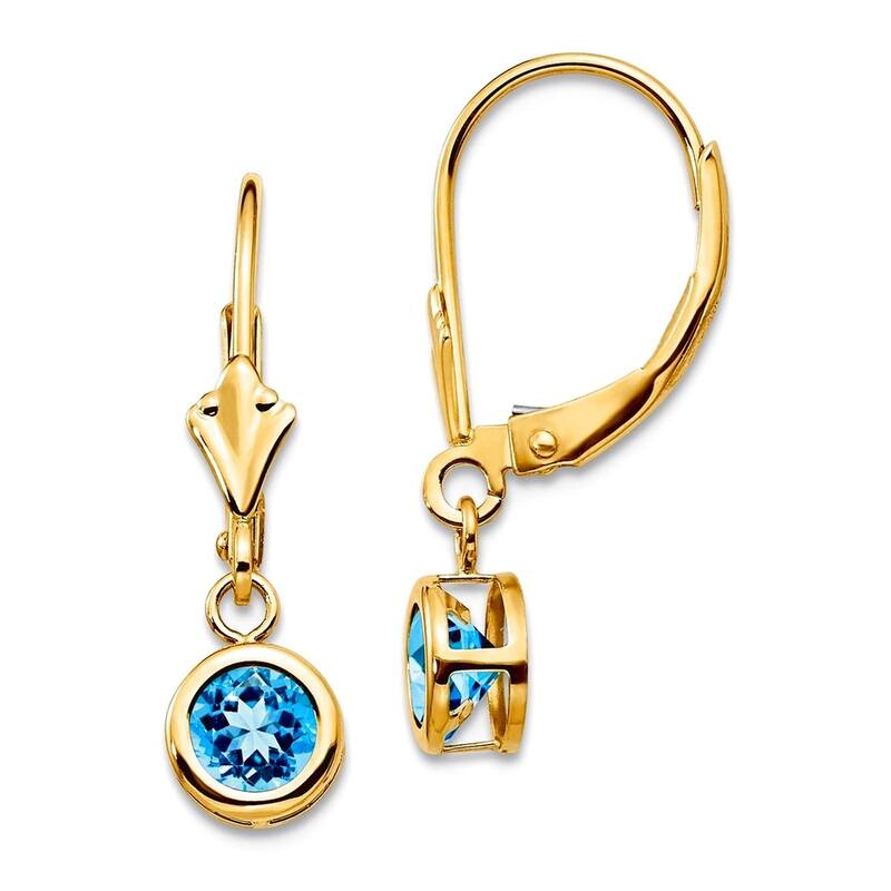 Curata 14k Yellow Gold Bezel 5mm Round Gemstone Leverback Earrings - 24x6mm - Blue Topaz