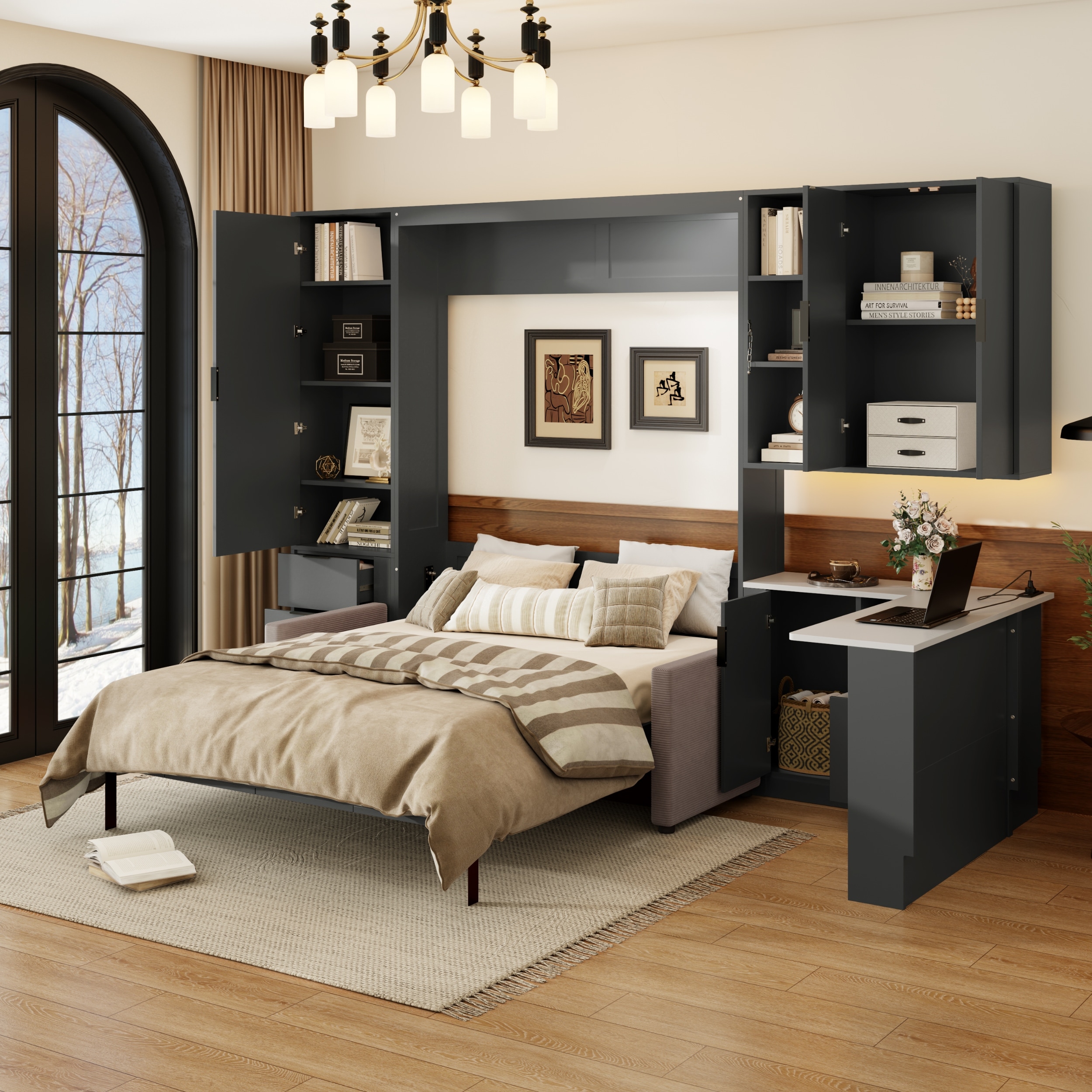 Queen Size Murphy Bed with Sofa, Space Saving Wall Bed with Desk Storage Shelves and Drawers for Home Office Pull Down Bed