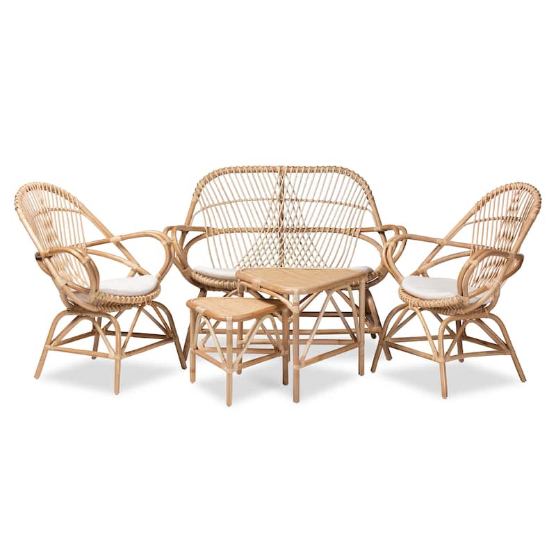 Jayden Bohemian 5-Piece Rattan Living Room Set-Natural Brown/White - White, Natural Brown
