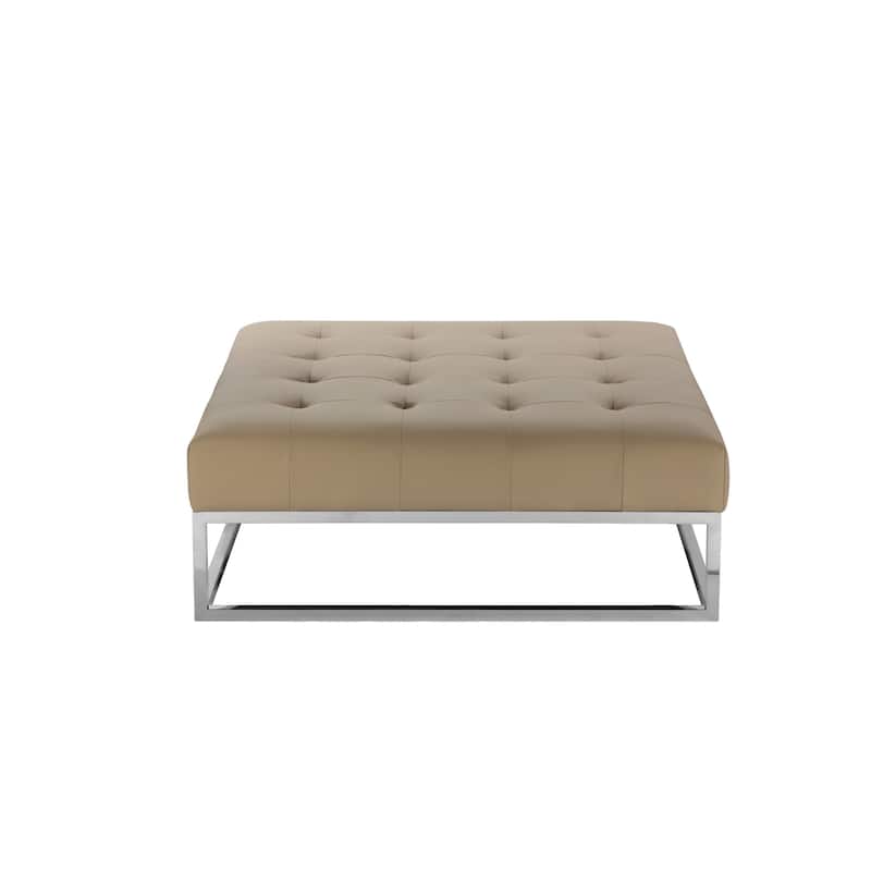 Ipp Ottoman, 40 Inch Square Tufted Beige Faux Leather, Chrome Steel