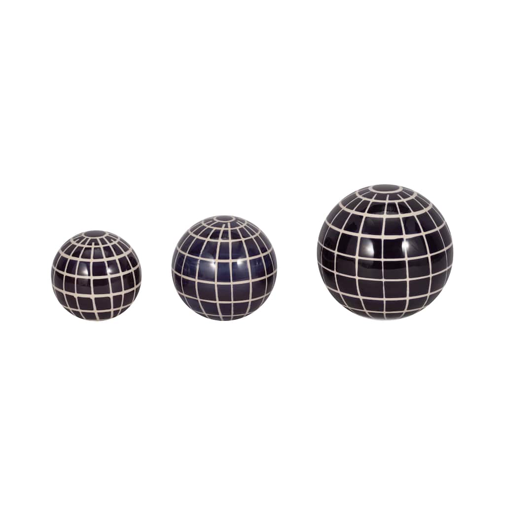 Sagebrook Home Blue Plaid Ceramic Decorative Orbs Set - 6" x 6" x 6"