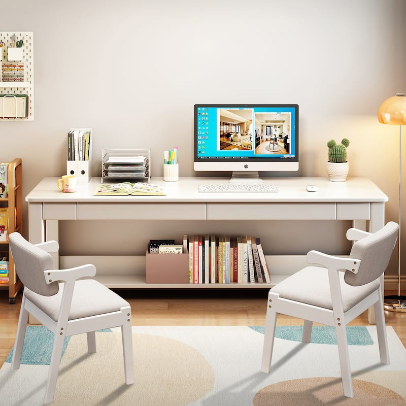 Wooden Desk and Chair Set, Extra Long Computer Desk 2 Person Desk, Double Office Desk