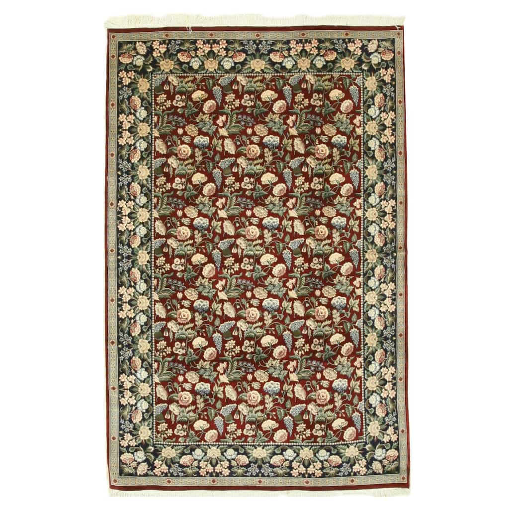 Red Hand Knotted Wool Traditional Rug 6'1 x 9'4 - Luxurious Texture and Intricate Timeless Design - N/A