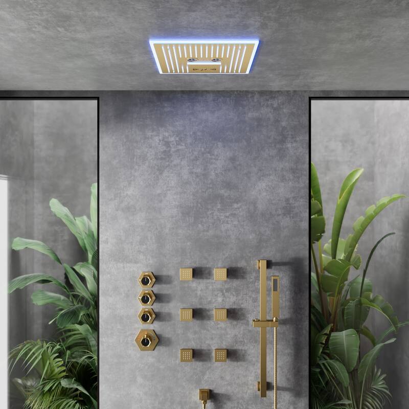 Shower Faucet System 16" Ceiling Mount Shower Head 3 Spray Modes Body Jets Handheld Spray with Slide Bar LED Music - Brushed Gold