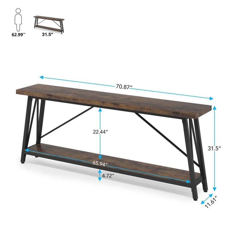Heavy Duty 70-inch Industrial Brown Wood Top Sofa Table with White Metal Frame