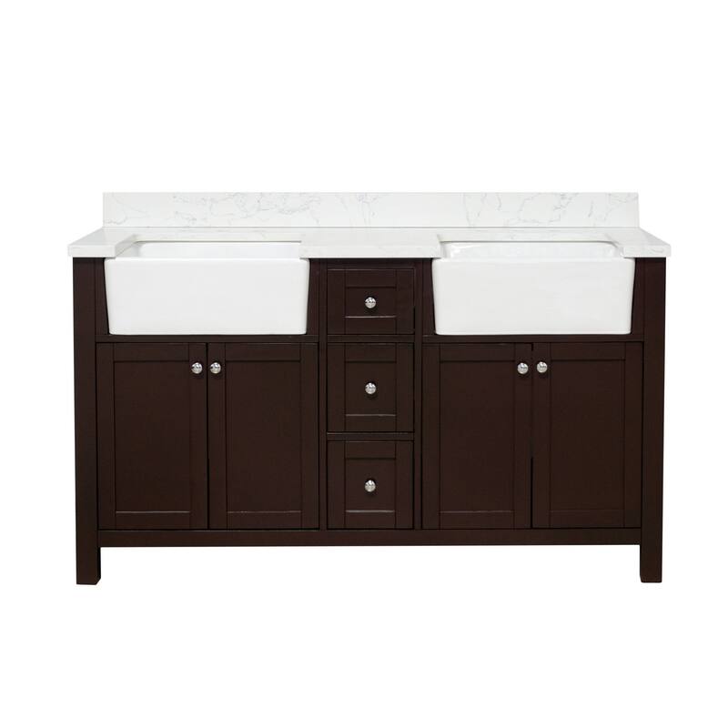 KitchenBathCollection Yorkshire 60" Double Farmhouse Vanity with Engineered Marble Top