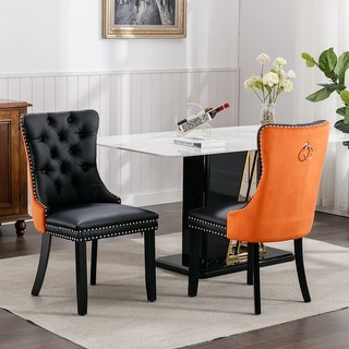 Set of 2 Velvet and PU Leather Upholstered Dining Chair with Button ...