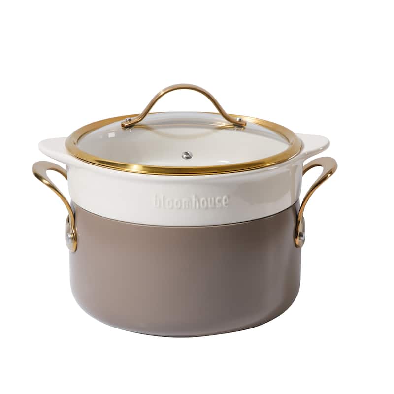 Bloomhouse Pots and Pans Heavy Duty Aluminum Premium PFA Free Ceramic Nonstick - Cappucino Cream with Gold Handle