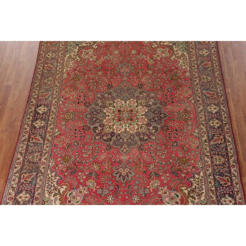 Tabriz Persian Vintage Area Rug Hand-Knotted Pink Wool Carpet - 6'8"x 9'7"