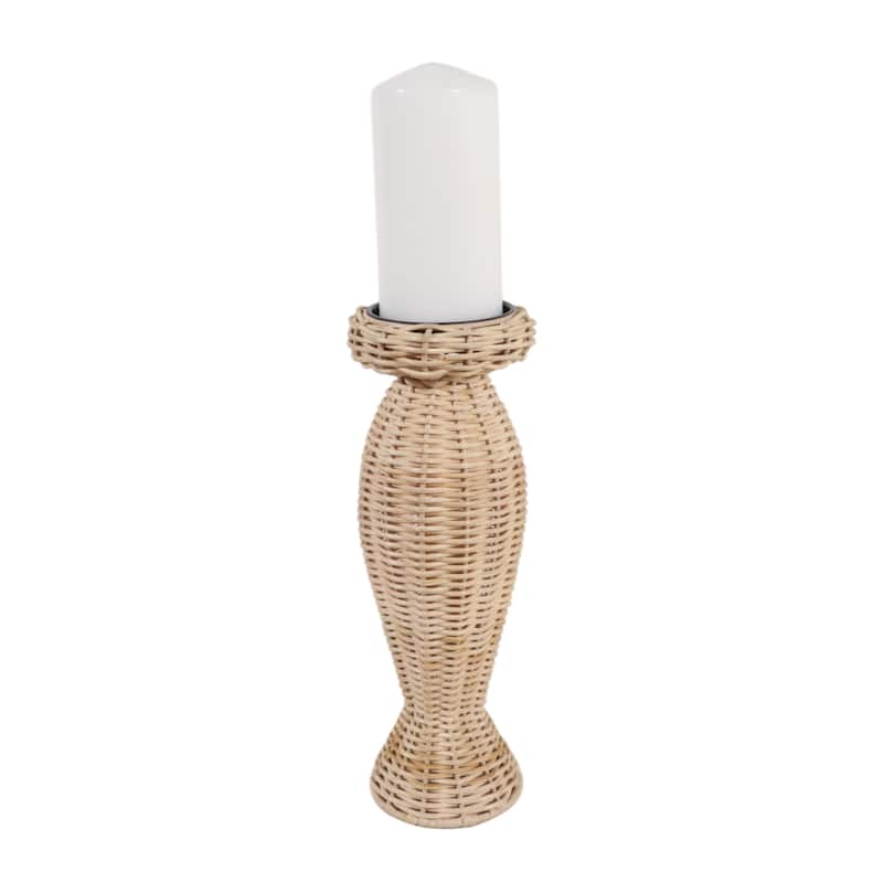 Candle Holder - Brown Metal Handwoven Raffia Pillar