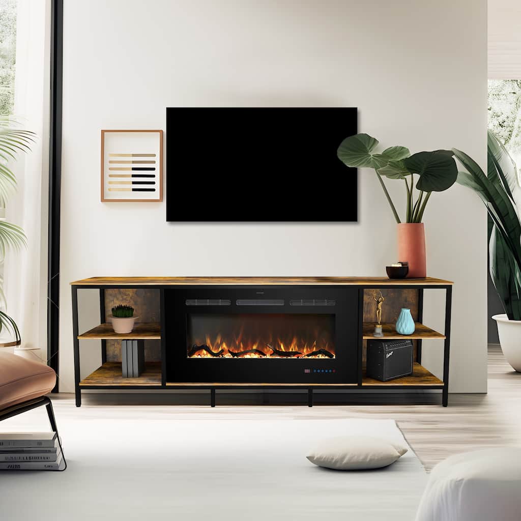 Prismaster Fireplace TV Stand, Steel-Wood Combined TV Cabinet w/ 36" Fireplace for TV up to 80"