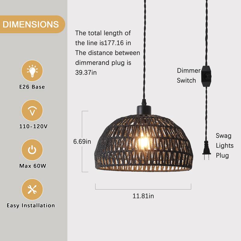 Plug in Handwoven Hemp Rope Lampshade Pendant Light with On/Off Switch