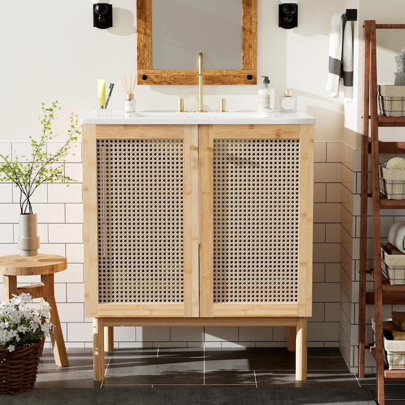 30" Bathroom Vanity with Handmade Rattan Doors - Natural Materials & Soft-Close Mechanisms - Wood