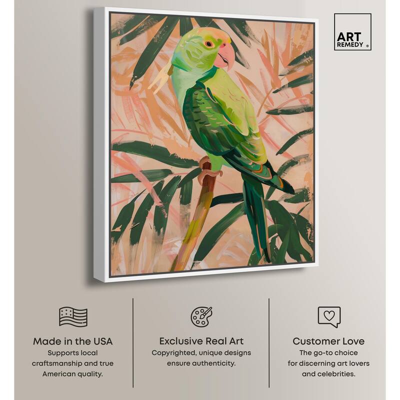 Coral and Green Parrot Canvas by Art Remedy