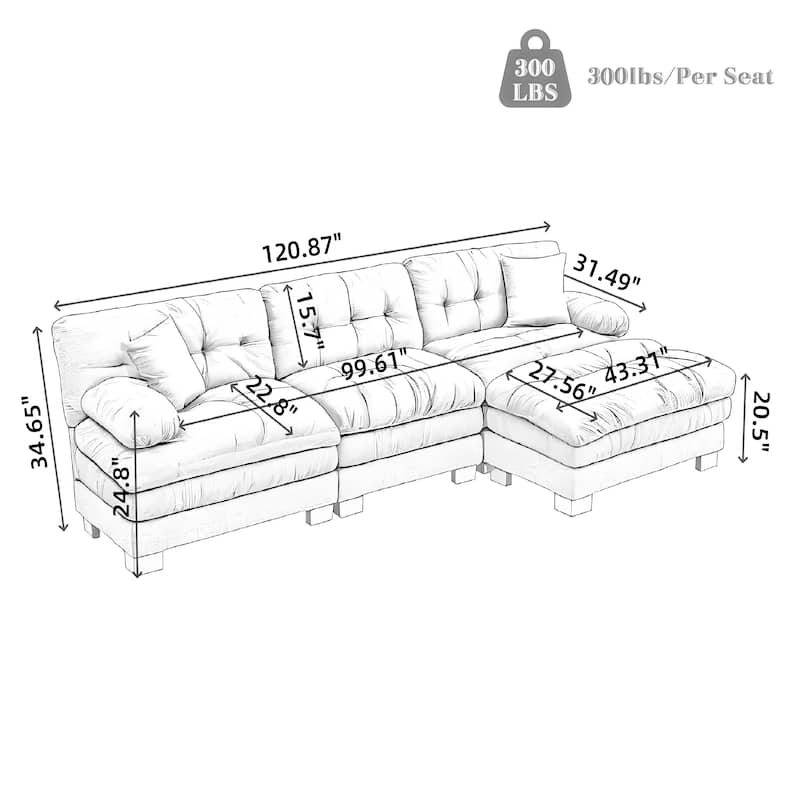 120.87" Chenille L-Shaped Sectional Sofa with Reversible Design, and 3-Seat Sleeper & Ottoman - Dual-Layer Cushion