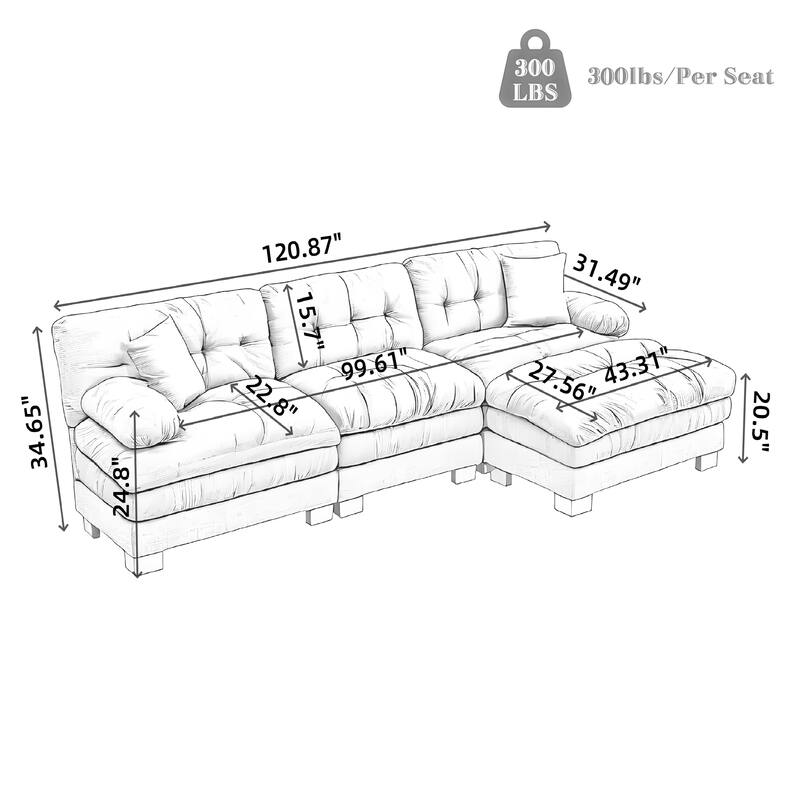 L Shaped 3-seat Sleeper Sofa, Khaki, Deep Seating, for Living Spaces