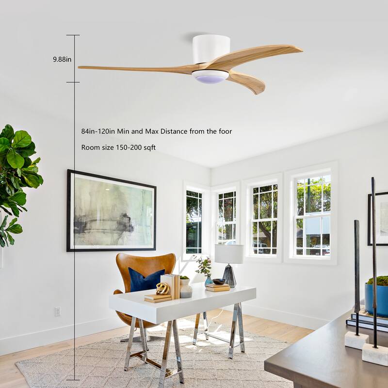 52" Flush Mount Fan Light, 3 PCS Solid Wood Blades Ceiling Fan with Lights Remote Control, Quiet DC Motor, 6 Speed