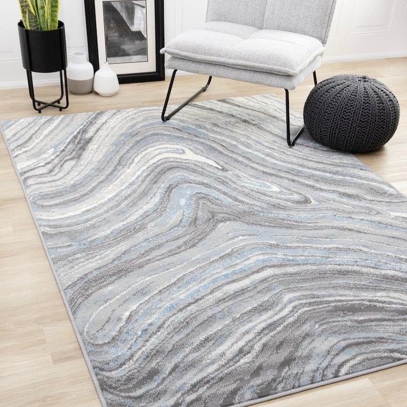 Forte Blue Grey White Soothing Waves Area Rug, 4'7" x 6'7"