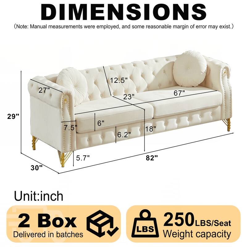 Chesterfield Sofa with Two Round Pillows, Featuring Copper Stud Detailing and Tufted Button Accents