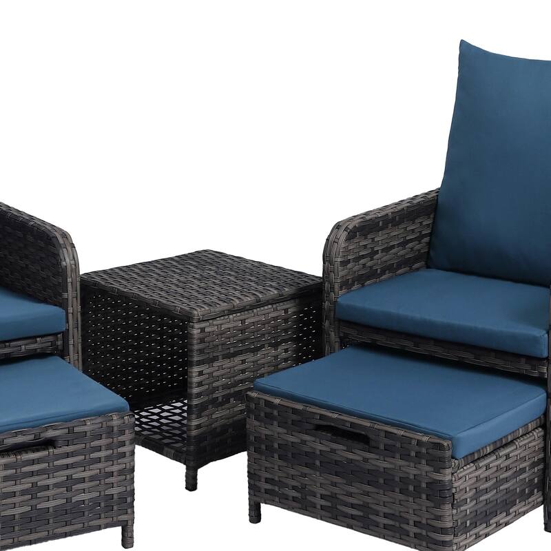 5-Piece PE Rattan Outdoor Patio Set with 2 Chairs, 2 Ottomans, Coffee Table