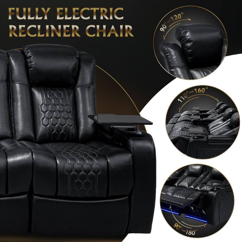 Roomfitters 124.4" Power Recliner 4-Piece Set, Top-Grain Nappa Leather, 21-Color RGB LED & USB-C Charging, Black