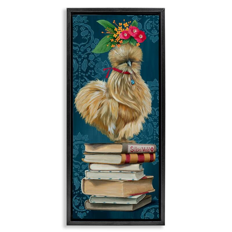 Stupell Farmhouse Chicken on Bookstack Framed Floater Canvas Wall Art Design By Heather Gauthier - 11 x 25 - Black