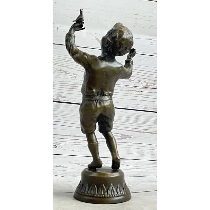 Bronze Sculpture Of A Child Little Boy Holding A Bird - Signed Original Milo Art