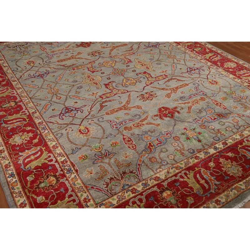 Vegetable Dye Ziegler Area Rug Handmade Green Floral Wool Carpet - 7'11" x 9'10"