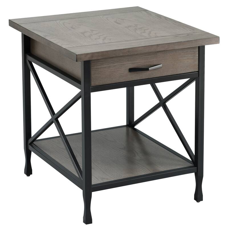 Gray/ Matte Black X Design Mixed Wood and Metal Drawer End Table