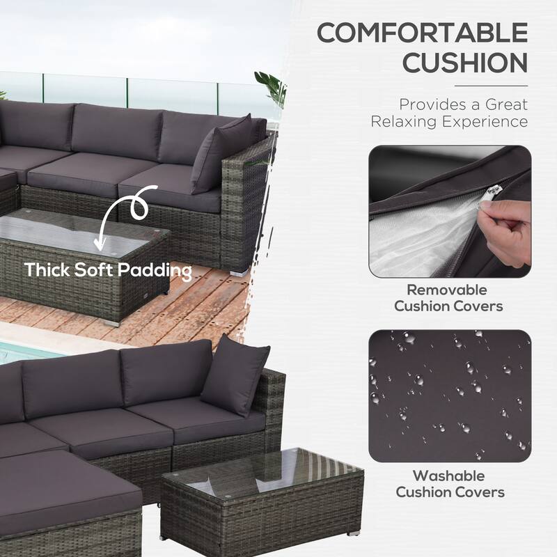 5-Piece Outdoor Sectional Sofa Set PE Rattan Galvanized Steel Frame Patio Deck Garden Couch with Cushions and Ottoman