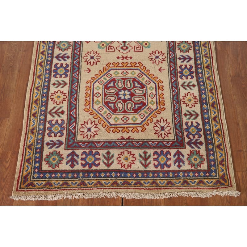 Geometric Kazak Runner Rug Hand-Knotted Yellow Wool Carpet - 2'10" x 13'0"