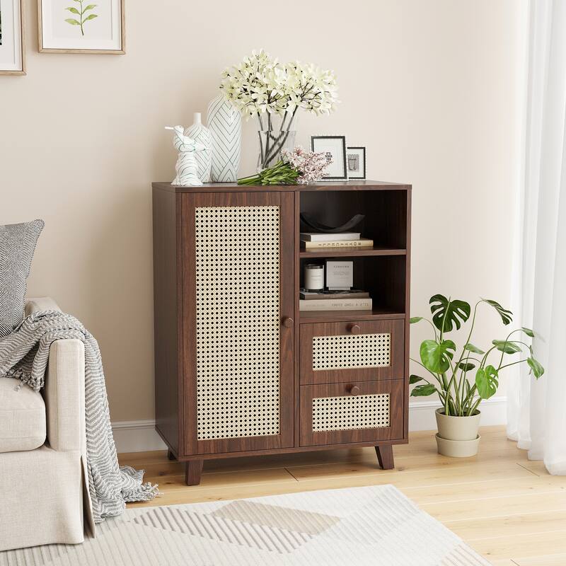 Rattan Buffet Cabinet with Adjustable Shelf, Sideboard with Drawers for Living Room, Kitchen, Entryway