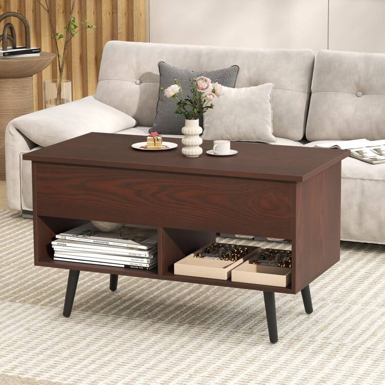 31.5 Inch Lift Top Coffee Table with Hidden Compartment and 2 Storage Shelves - 31.5" x 15.5" x 17.5" (L x W x H)