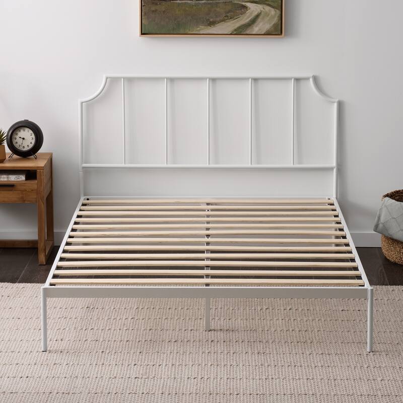Metal Platform Bed with Rectangular Vertical Bar Headboard and Scooped Accents, King Size, White Finish