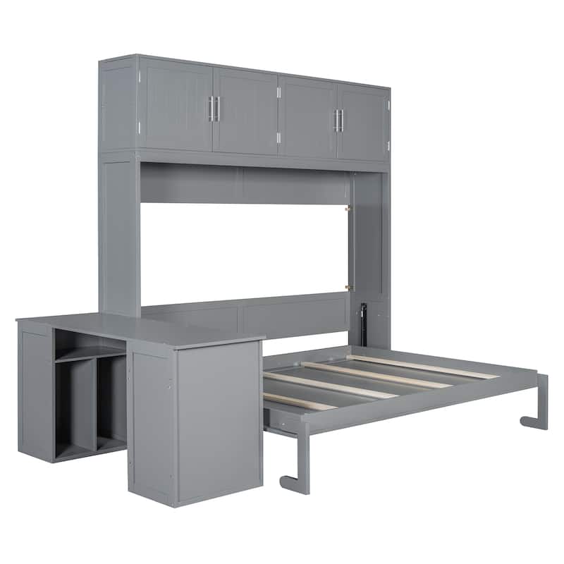 Queen Size Murphy Bed with Storage Shelves and 2 Storage Cabinets, Wooden Foldable Wall Bed Frame with Desk & Hydraulic Lift