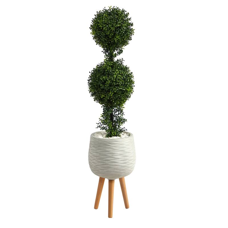 Artificial Topiary Tree - 4ft Double Ball Tree with White Planter & Stand - Indoor Outdoor Decor - Green - 51-60 Inches