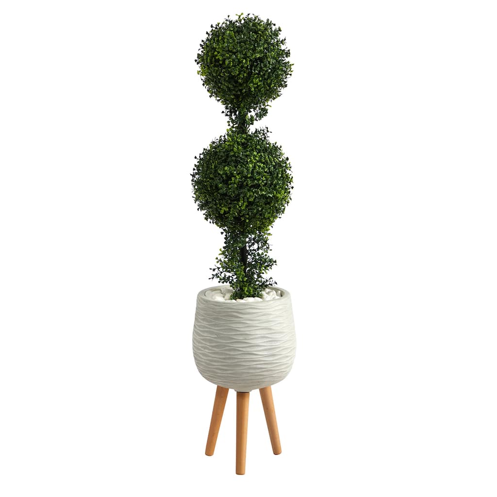 Artificial Topiary Tree - 4ft Double Ball Tree with White Planter & Stand - Indoor Outdoor Decor - Green - 51-60 Inches